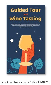 Wine festival story concept. Hand with yellow glass with alcoholic drinks. Alcohol and beverages, sparkles. Poster or banner. Cartoon flat vector illustration isolated on white background
