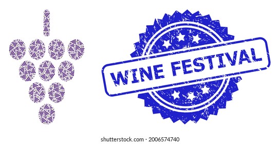 Wine Festival unclean stamp seal and vector recursive composition grape berry. Blue stamp seal includes Wine Festival text inside rosette.