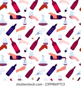 Wine festival vector seamless pattern. Hands holding wineglasses flat pattern