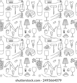 Wine festival vector sketch seamless pattern. Hand drawn hands holding wineglasses and cheese 