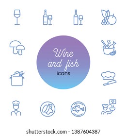 Wine and fish icons. Set of line icons on white background. Bottle, fish, mushroom. Restaurant concept. Vector illustration can be used for topics like food, cooking, cafe