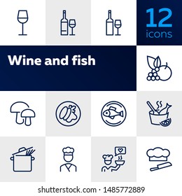 Wine and fish icons. Set of line icons on white background. Bottle, fish, mushroom. Restaurant concept. Vector illustration can be used for topics like food, cooking, cafe