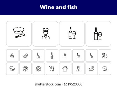 Wine and fish icons. Set of line icons on white background. Bottle, fish, mushroom. Restaurant concept. Vector illustration can be used for topics like food, cooking, cafe