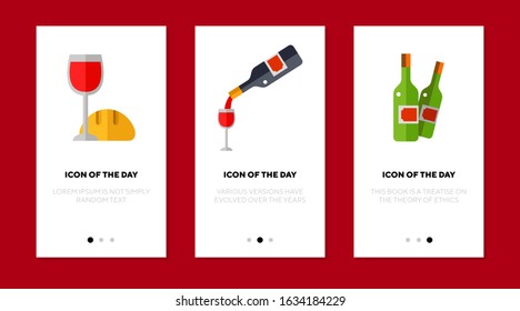 Wine flat icon set. Glass, bread, bottle isolated sign pack. Alcoholic drinks, Easter, holiday, celebration concept. Vector illustration symbol elements for web design