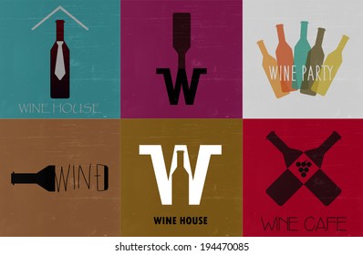 Wine flat icons. Vintage background. Cards for restaurant.