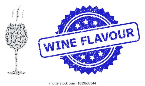 Wine Flavour unclean stamp seal and vector fractal composition wine flavour. Blue stamp seal includes Wine Flavour title inside rosette. Vector collage is done of random rotated wine flavour items.