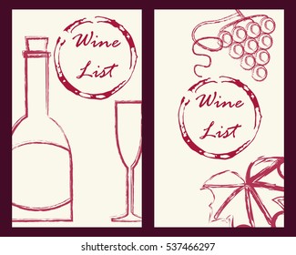 Wine flyer and cards template set with grape brunch and leaf, bottle and glass icons in vintage style. Stock vector illustration for vine production company, winery, restaurant or bar promo ads.