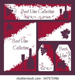 Wine flyer and cards template set with grape brunch and leaf, bottle and glass icons in vintage style. Stock vector illustration for vine production company, winery, restaurant or bar promo ads.