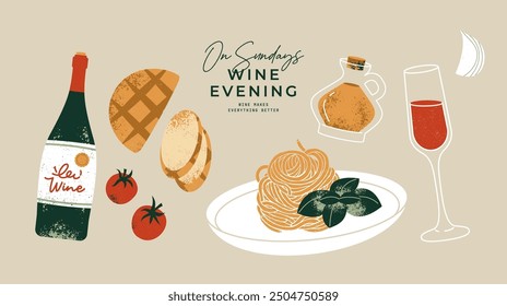 Wine and food design template. Pasta with glass of wine.