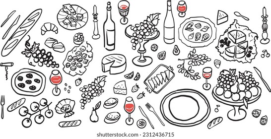Wine   food doodle still life Isolated white background  Hand drawn vector illustration 
