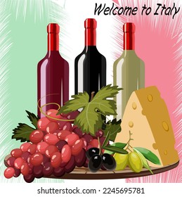 Wine and food from Italy.Colored vector illustration with bottles of wine and food from Italy on the background of the colors of the Italian flag.