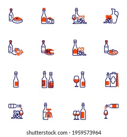 Wine and food line icons set, outline vector symbol collection, linear style pictogram pack. Signs, logo illustration. Set includes icons as bottle wine and glass, cheese, grapes, seafood, meat steak
