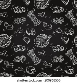Wine and Food pattern on blackboard. Sketches of food. Vector illustration