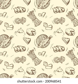 Wine and Food pattern . Sketches of food. Vector illustration