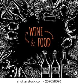 Wine and food vector background. hand drawn illustration
