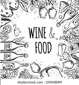 Wine and food vector background. hand drawn illustration