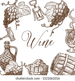 Wine frame sketch vector banner template. Illustration of square framed wine bottle, grapes glasses. Card Menu restaurant. Vintage design.