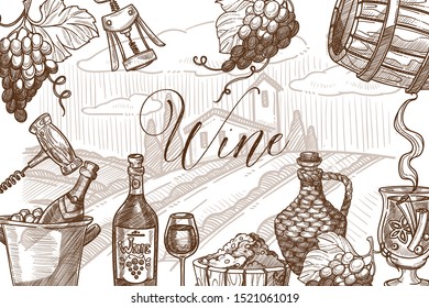 Plantilla de banner vectorial de boceto de marco de vinos. Ilustración de botellas de vino, vasos de uva. Restaurante con carta. Diseño de época.