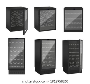 Wine Fridge With Glass Door 3d Vector Set. Beverage Cooler For Beer And Wine Bottles. Empty Black Refrigerator For Wine