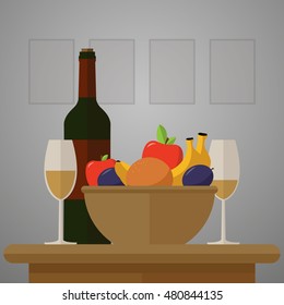 wine, fruit and glasses, is on a table in a grey room
