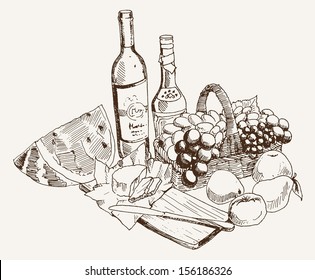 wine and fruit. vector sketch