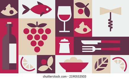 WINE geometric background vector bottle knife fork glass corkscrew fish fruit food menu restaurant cafe