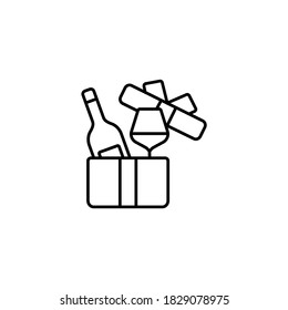 Wine As A Gift, Wine Bottle And Wine Glass Gift Wrapped Simple Thin Line Icon Vector Illustration