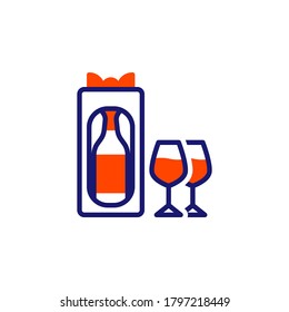 Wine gift box and glasses line icon. linear style sign for mobile concept and web design. Winery gift bag outline vector icon. Symbol, logo illustration. Vector graphics