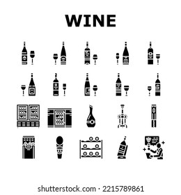 wine glass alcohol red bottle icons set vector. drink white, bar vine, winery champagne, vineyard wineglass, label grape, food wine glass alcohol red bottle glyph pictogram Illustrations
