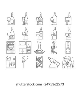 wine glass alcohol winery icons set vector. drink red, restaurant party, ba bottle, white, food vineyard, beverage wineglass wine glass alcohol winery black contour illustrations