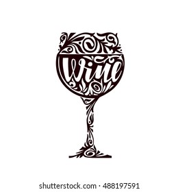 Wine. Glass of alcoholic beverage in a decorative floral ornament. Vector illustration