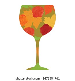 wine glass with autumn leaves pattern, vector 