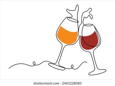 Wine glass beer glass and bottle continuous single line drawing vector illustration