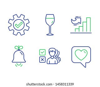 Wine glass, Bell and Growth chart line icons set. Opinion, Service and Heart signs. Bordeaux glass, Alarm signal, Diagram graph. Choose answer. Business set. Line wine glass outline icons. Vector