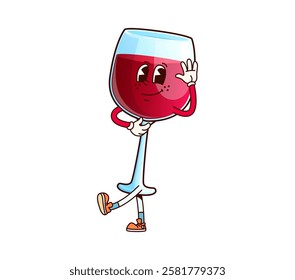 Wine glass beverage groovy funny character. Bordeaux or burgundy red wine alcohol drink glass cheerful groovy vector personage. Restaurant wineglass or goblet cute character waving hand