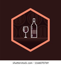 Wine glass and wine bottle badge on dark background. Vector illustration bottle and glasses of wine in stack at cellar