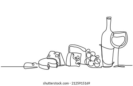 Wine glass  bottle wine   cheese  Still life  Sketch  Draw continuous line  Décor  It is lot pieces cheese 