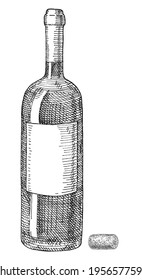 Wine glass bottle with clear label. Vintage vector hatching gray monochrome illustration. Isolated on white background. Hand drawn design