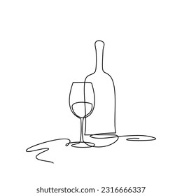 Wine Glass and Bottle Continuous Line Draw, Minimalistic Monoline Wineglass, Champagne Alcohol Drink Holiday Drawing, Single One Line Wine Glass Illustration