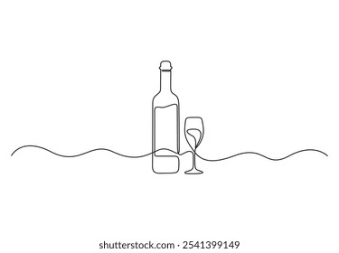 Wine glass and bottle continuous line drawing. Minimalistic monoline wine glass, Champagne alcohol drink holiday drawing, Single one line wine glass. Vector illustration