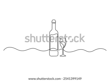 Wine glass and bottle continuous line drawing. Minimalistic monoline wine glass, Champagne alcohol drink holiday drawing, Single one line wine glass. Vector illustration
