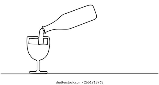Wine glass and wine bottle continuous one line drawing, Single one line art, linear style, isolated on a white background. 