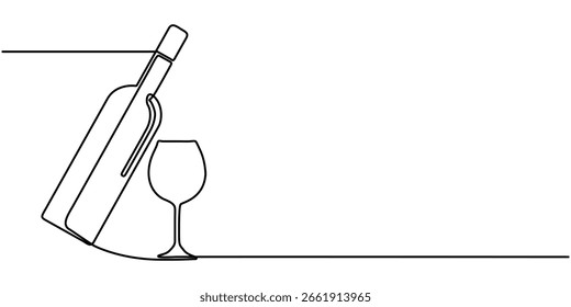 Wine glass and wine bottle continuous one line drawing, Single one line art, linear style, isolated on a white background. 