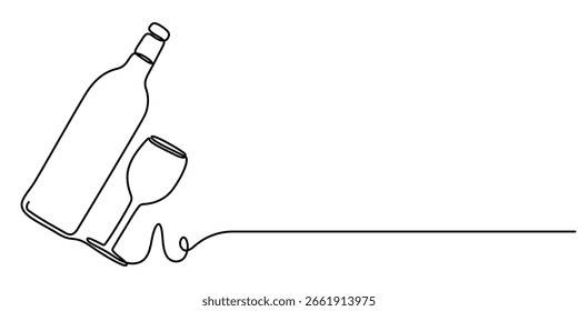 Wine glass and wine bottle continuous one line drawing, Single one line art, linear style, isolated on a white background. 