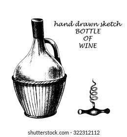 Wine glass bottle and corkscrew, hand drawn elements , ink sketch