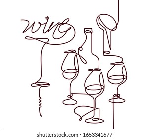Wine glass, bottle, and corkscrew with lettering "wine". Single line icon in modern style. Design element for wine tasting, menu, wine list, restaurant, winery, liquor shop. Continuous line.
