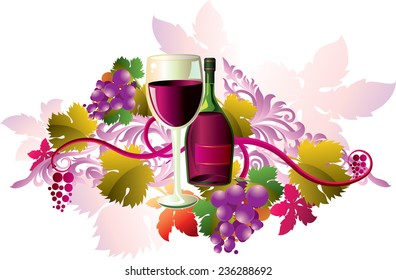 Wine glass and bottle with decorative leaves