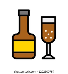 wine glass and bottle editable stroke icon in flat design.