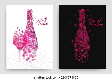 Wine glass and bottle with flower drawing. Aromatic and floral wine concept