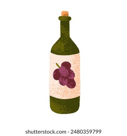 Vino en botella de vidrio, vino de uva. VID roja, bebida alcohólica, bebida alcohólica con corcho. Icono de la vid francesa con corcho. Producto de bodega. Ilustración vectorial gráfica plana aislada sobre fondo blanco